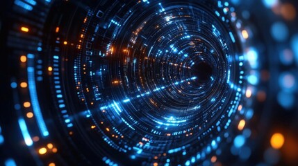 Abstract Digital Tunnel Background with Blue and Orange Light Technology Illustration