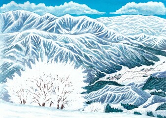 冬の八海山から　雪に覆われた魚沼の山並み(F4サイズ)