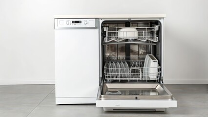 White Dishwasher with Open Door on White Background
