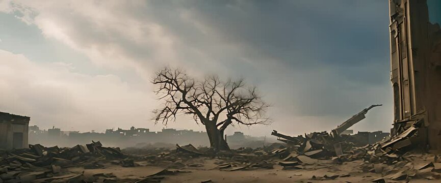 The sky was a gloomy gray, with smoke billowing in the distance