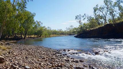 Serene riverbank scene, tranquil waters reflecting greenery, smooth pebbles lining the shore, perfect for relaxation or nature reflection.