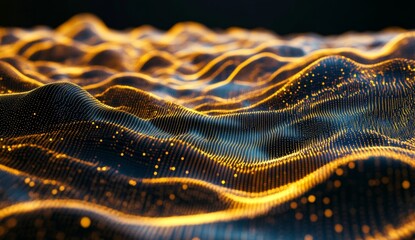 Golden data waves flow, dark background, tech concept