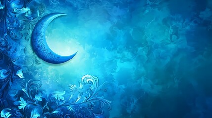 Ornate Crescent Moon in a Blue Celestial Landscape