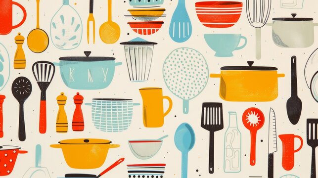 Colorful kitchenware pattern, various utensils and dishes, light background, illustration