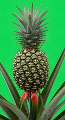 Fototapeta premium Close-up of Growing Pineapple Plant with Green Leaves on Green Background