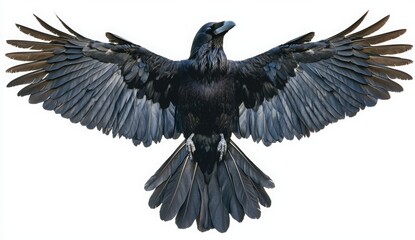 Fototapeta premium Majestic Raven Spreading Its Wings Against a White Background