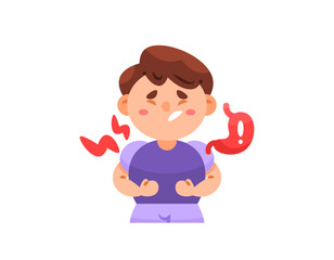 illustration of a boy with a stomach ache due to gastric disease. symptoms of stomach ulcer, Gerd or Gastroesophageal Reflux Disease. organ and digestive problems. flat style character design. element