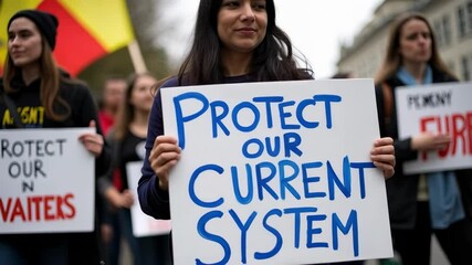 Young Activist at Protest Holding Sign Reading 'Protect Our Current System' Amidst March for Political Change and Community Awareness - Powered by Adobe