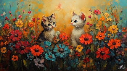 Fototapeta premium Playful kittens exploring a colorful garden full of flowers 