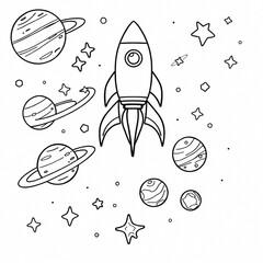 Retro Cartoon Rocket Ship Space Exploration Black and White Illustration with Planets Stars Celestial Bodies Hand Drawn Cosmic Adventure Line Art