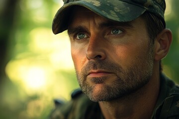 Obraz premium Focused military personnel in camouflage uniform reflecting determination in a dense forest setting