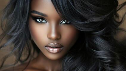 Obraz premium A close-up portrait of a beautiful black woman with long shiny hair and make-up . Haircare, beauty and cosmetics concept.