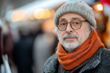 Senior man with glasses enjoying winter market atmosphere while wearing cozy scarf and hat in a...