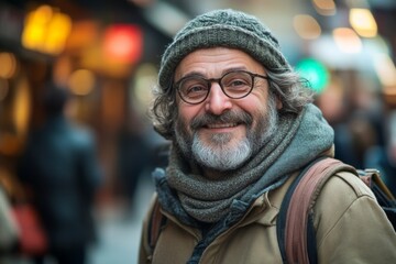 Smiling man in a warm coat and knitted hat walking through a bustling market during the winter