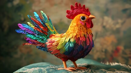 Fototapeta premium Hen plushie with rainbow glitter feathers