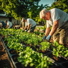 Fototapeta premium Senior volunteers tending community garden, sunny day. Use Charity promotion