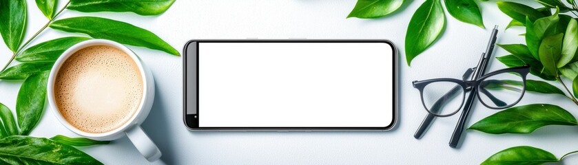 Obraz premium Coffee and smartphone on desk surrounded by green plants home office still life natural aesthetic for productivity