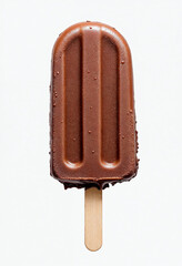 Obraz premium A frozen chocolate ice cream bar on a wooden stick, perfectly lit for a clean and appetizing advertisement.