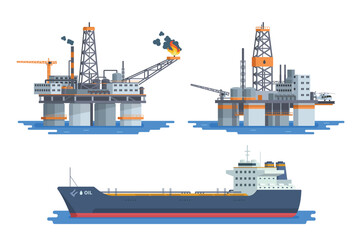 Vector Illustration of Offshore Oil Rig Bundle with Tanker Ship, Flat Style Design and Fully Editable.