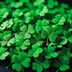 Close-up of fresh clover leaves with dewdrops on some of them. Vibrant green foliage with water droplets reflecting light. Perfect for nature, freshness, and botanical themes.