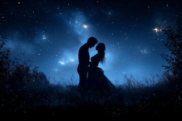 A romantic silhouette of a couple dancing together beneath a starry night sky, with soft lighting and shadows adding a magical and intimate feeling to the moment.