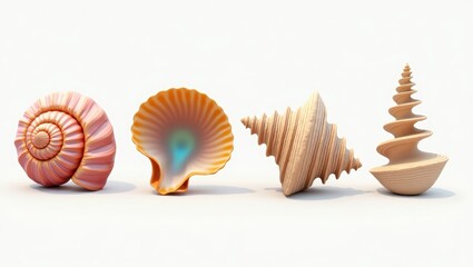 Obraz premium Collection of Seashells Spiral Scallop and Turban Shells on White Background
