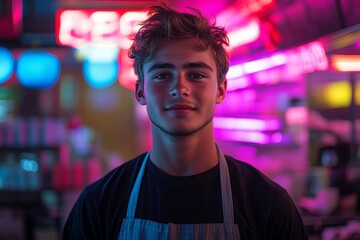 Fototapeta premium Young man wearing an apron stands confidently in a vibrant cafe with neon lights in the background during the evening