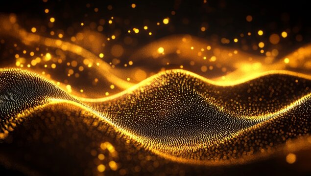 Golden particle wave, glowing, dark background, abstract, design