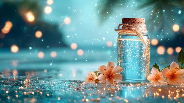 Photograph of a glow boosting neon blue illuminator product in a frosted glass bottle reflecting warm beach lights  The bottle s design and lighting create a radiant shimmering effect