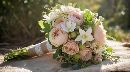 Romantic bridal bouquet of pink ranunculus and white flowers wrapped in twine at a spring wedding expo