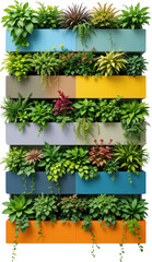 Vibrant Vertical Garden with Colorful Planters and Lush Greenery