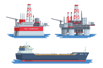Vector Illustration of Offshore Oil Rig Bundle with Tanker Ship, Flat Style Design and Fully Editable.