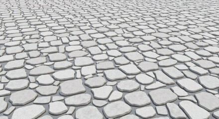 Seamless gray cobblestone wall or road background texture. Tileable grungy natural rock and stone shaped path or walkway repeat surface pattern. A high resolution construction backdrop 3D rendering 