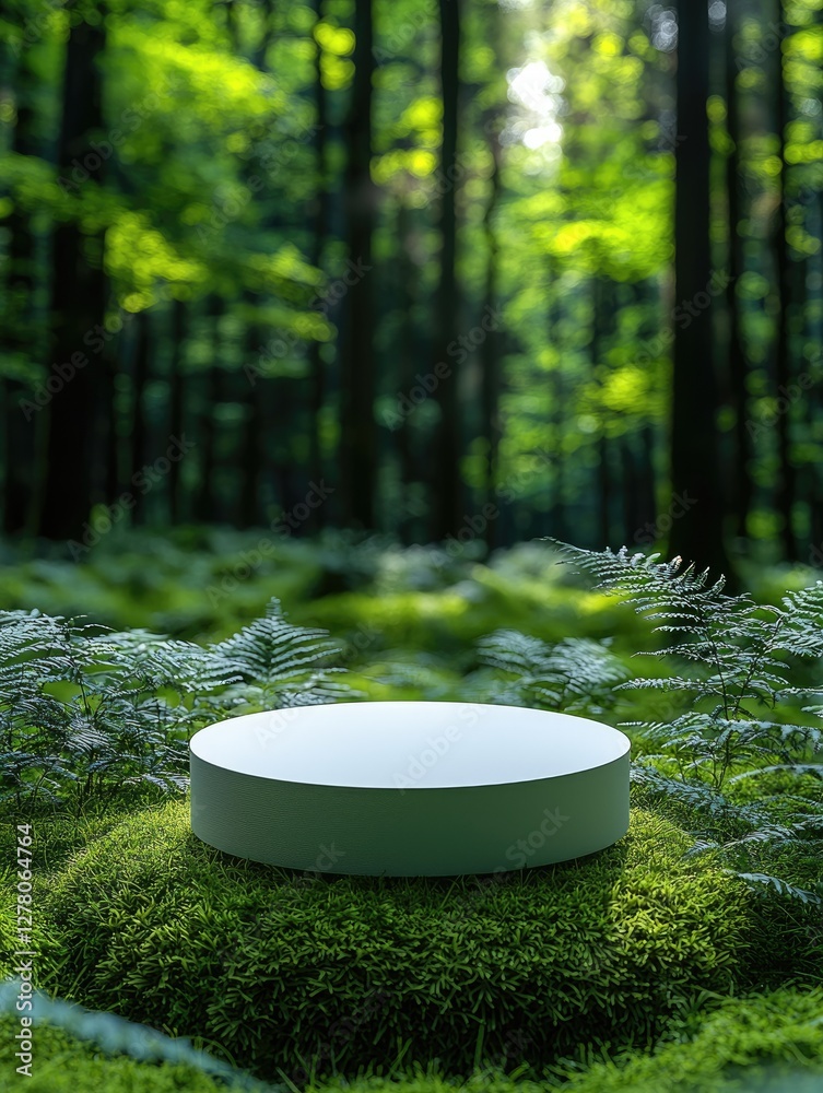 Aufkleber White circular podium against a background of moss and ferns against a background of blurred green forest.