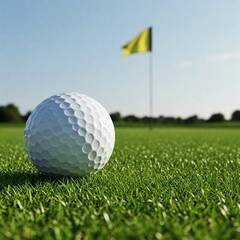Obraz premium detailed close-up of a golf ball positioned on a pristine green with a flag in the distance, under a clear sky.