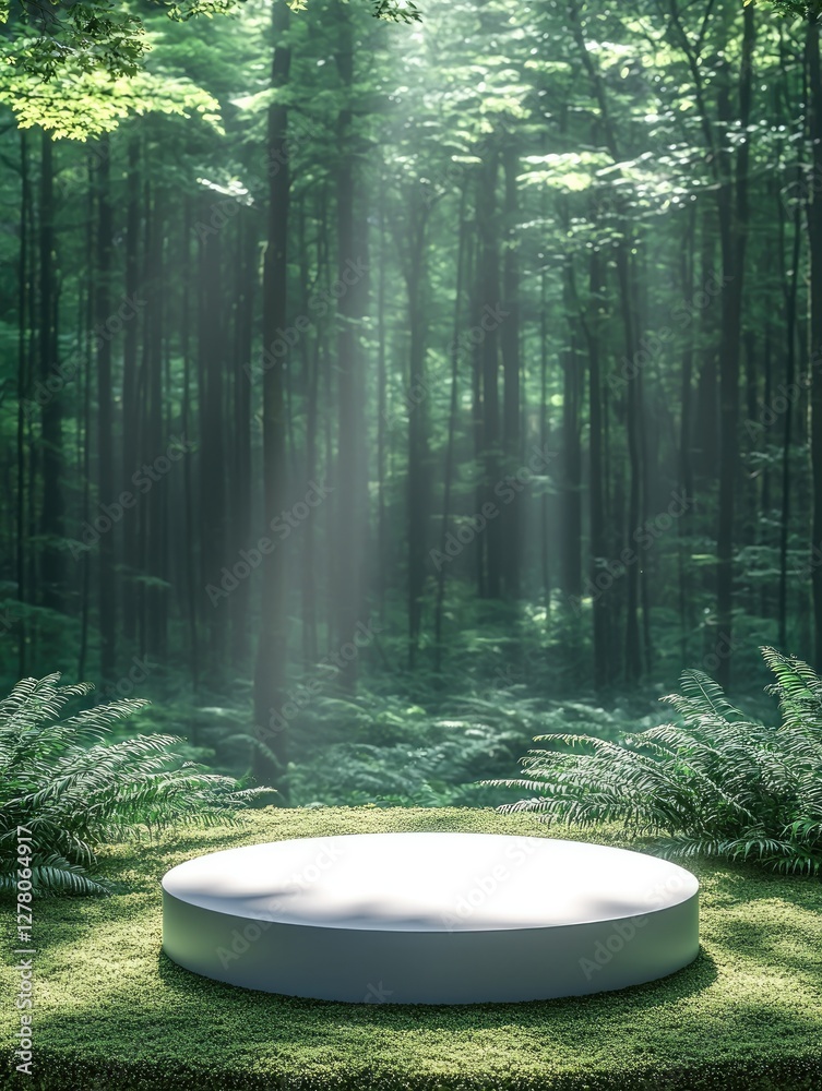 Aufkleber white circular podium against a background of moss and ferns against a background of blurred green f