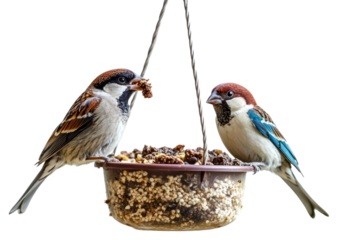 PNG 2 birds on a hanging bird feeder sparrows birdwatching photography.