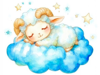 A delicate watercolor illustration of a fluffy ram peacefully sleeping on a soft blue cloud, surrounded by twinkling stars.