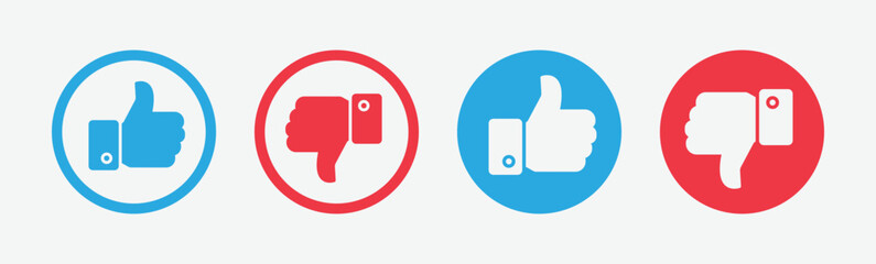 Set of thumbs up and down vector icons in red and blue. Thumbs up symbols like, dislike, vote sign, feedback sign and others for applications and websites. Vector illustration © Oman