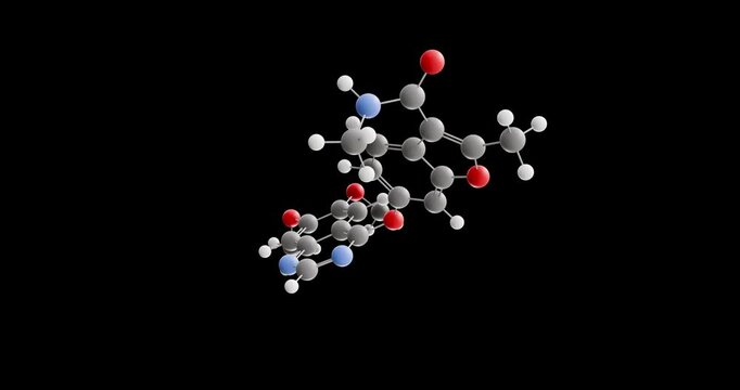 Fruquintinib molecule, rotating 3D model of kinase inhibitor, looped video on a black background