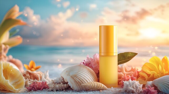 Captivating image of a neon yellow volumizing waterproof mascara tube standing elegantly on a seashell with a glowing sunset creating a mesmerizing backdrop for this luxurious beauty product