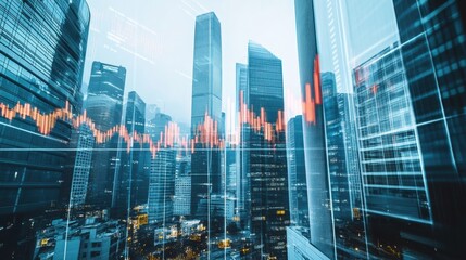City skyline with tall modern office buildings and a transparent stock market graph overlay.