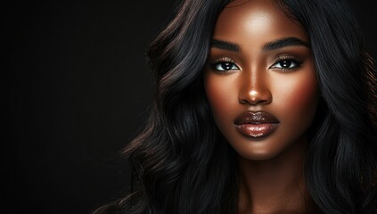 Fototapeta premium A close-up portrait of a beautiful black woman with long shiny hair and make-up . Haircare, beauty and cosmetics concept.