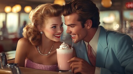 A happy couple shares a milkshake during a dinner date