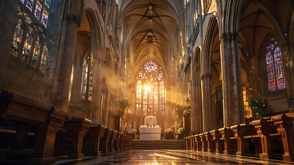 Obraz premium Stunning church interior with sunlight streaming through stained glass, vibrant Easter atmosphere