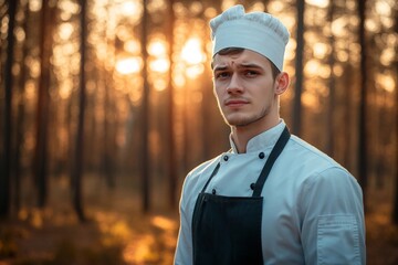 Young chef standing in a forest during sunset, showcasing culinary passion in a natural setting