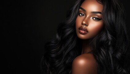 Fototapeta premium A close-up portrait of a beautiful black woman with long shiny hair and make-up . Haircare, beauty and cosmetics concept.