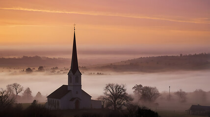 Obraz premium Scenic church silhouette at dawn, surrounded by mist and hills, tranquil setting for Easter reflection