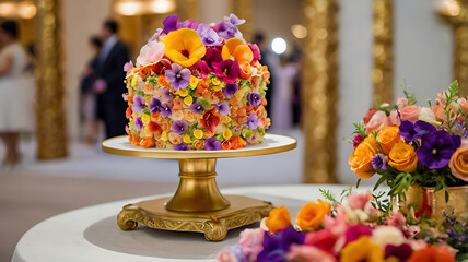 Artistic wedding cake, floral design bursting with color, festive atmosphere, spring wedding expo