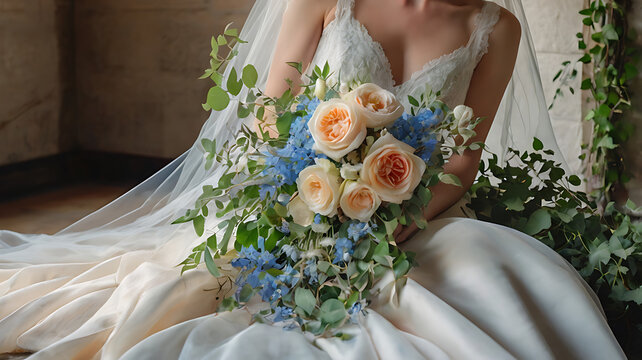 Romantic bridal bouquet of peach roses and blue flowers held by a bride in a flowing gown at a spring wedding expo - Powered by Adobe